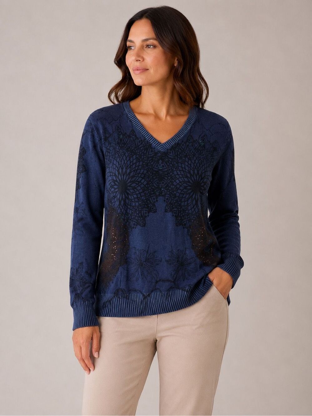 Desigual Mandala Sweater Size Large Navy Blue V Neck Y2K Funky Artsy